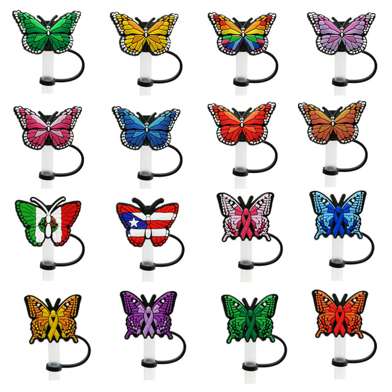 Butterfly Style Series Straw Set with Straw Caps, Silicone Dust Plugs, Cute Anime Party Straw Decorations, Cross-Border Products.