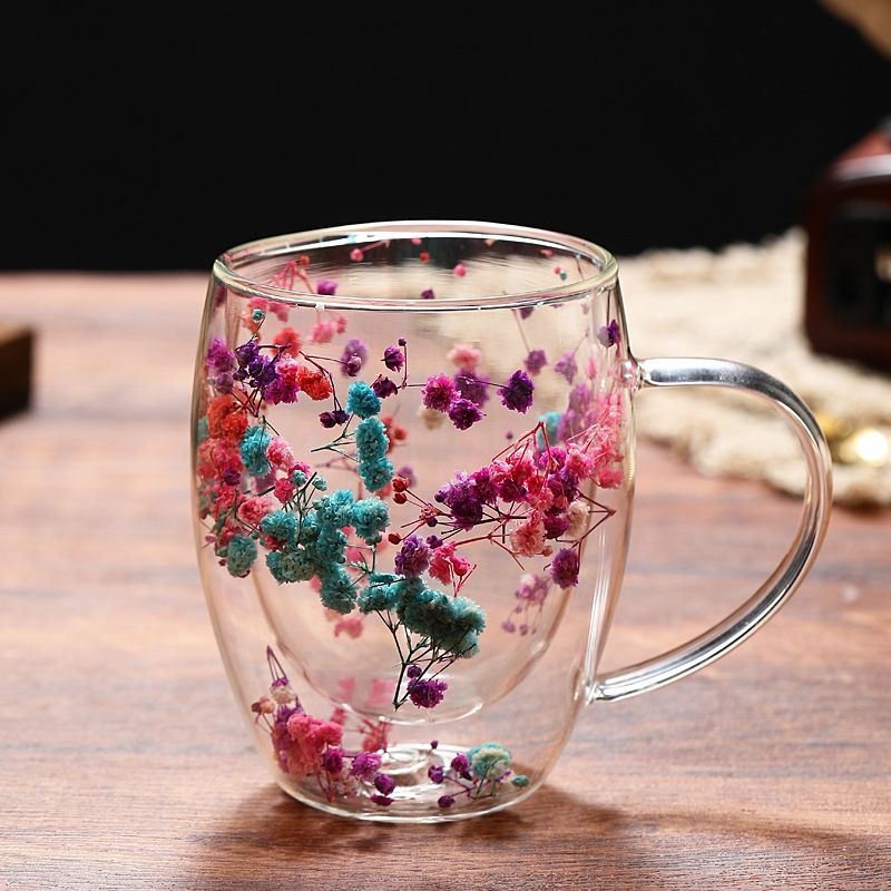 Dropshipping 350ml Handle Dry Flowers Double Wall Cup Clear Fruit Juice Teacup Heat Resistant Espresso Coffee Mug Wine Glass
