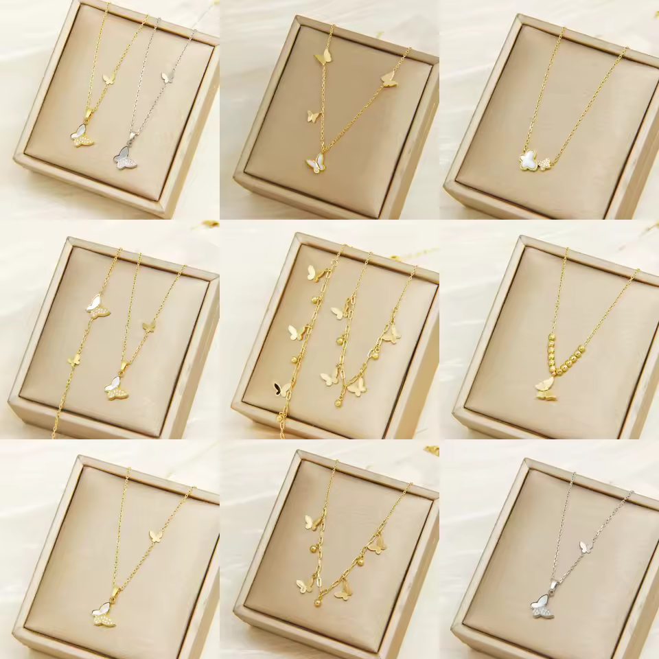 Wholesale 14k Gold Plated Butterfly Pendant Necklace Stainless Steel Fashion Jewelry Sets For Women Custom Fashion