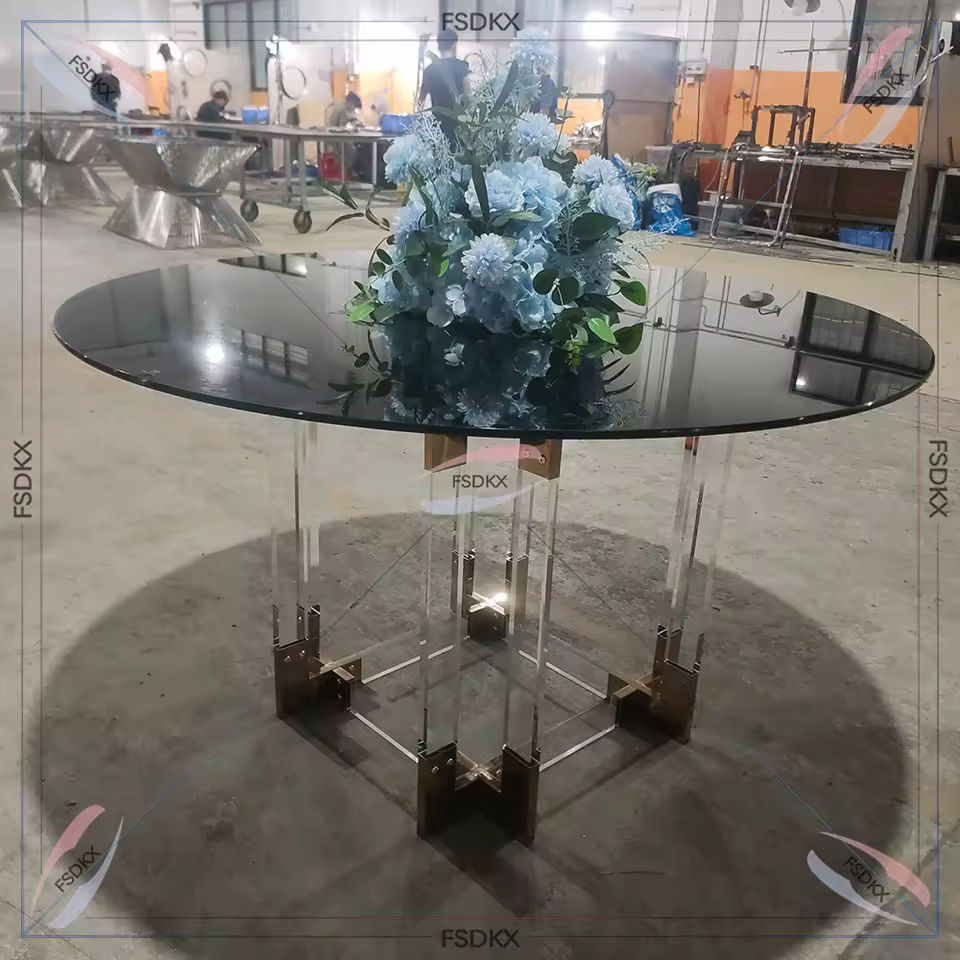 Wholesale Modern Square Clear Leg Round Dining Table Metal Acrylic Base Dining Table For Wedding Supplier