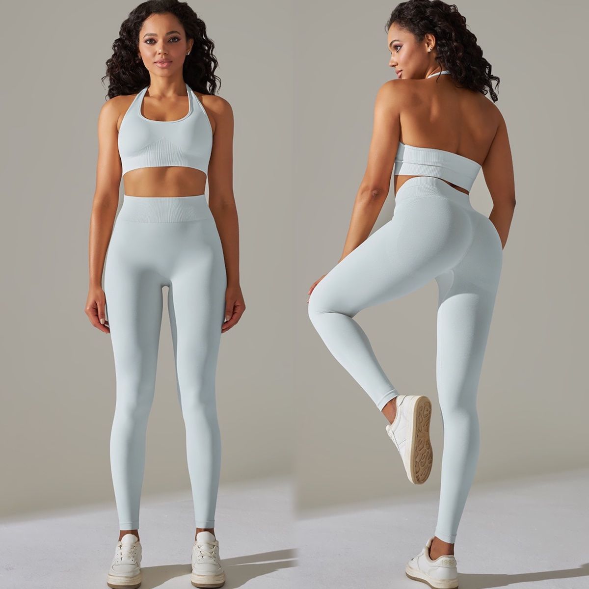Fashionable 2 Piece Summer Active Wear Set Sexy Halter Neck Gym Crop Tank Top Leggings Casual Streetwear Sporty Athletic Clothing Set