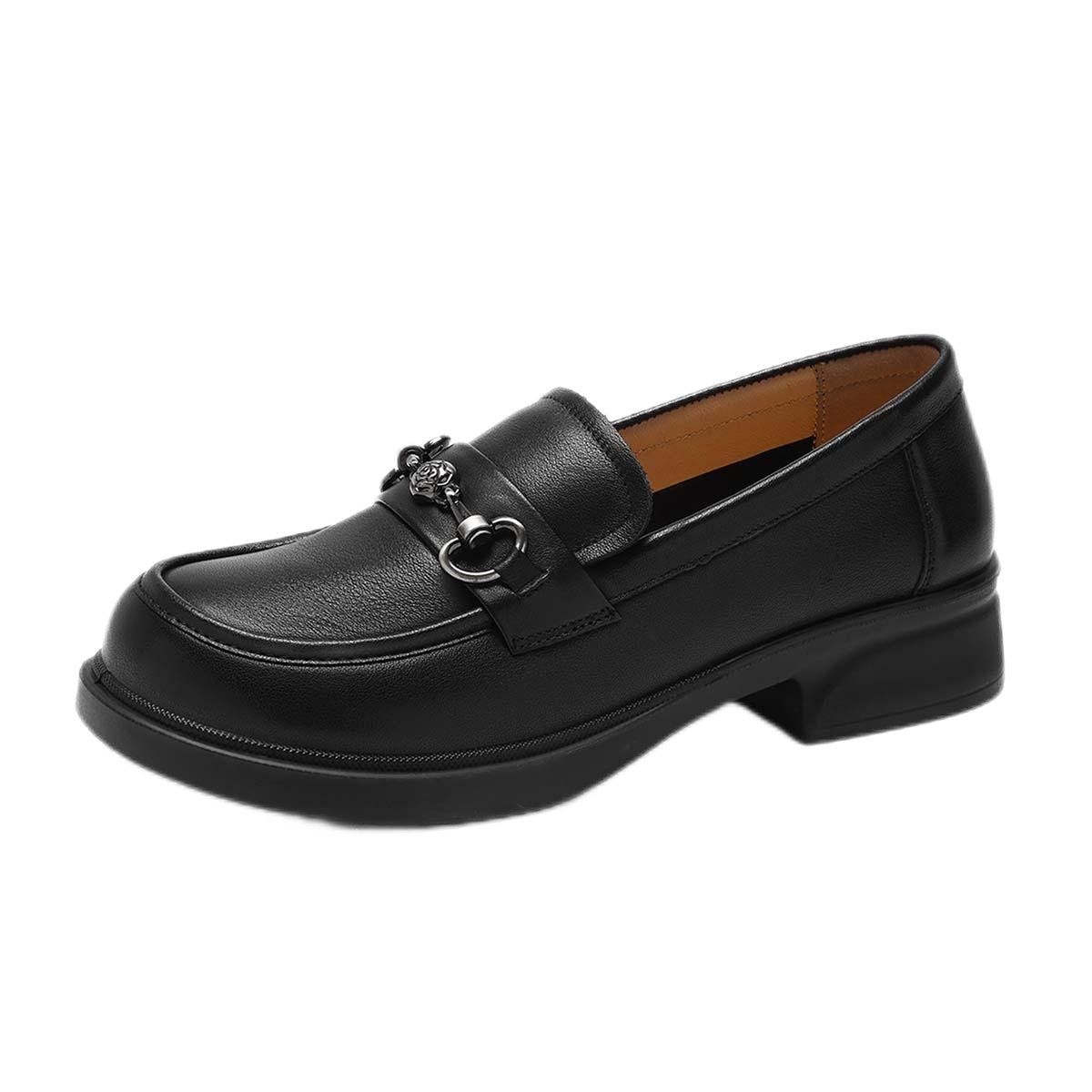 Fashion Leather Loafers for Women with Block Heel and Fashion Buckle
