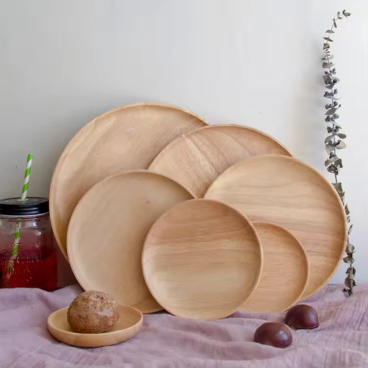 Eco-friendly Round Beech Wood Serving Dish For Food Kitchen Tray Fruit Dessert Minimum Order 100pcs