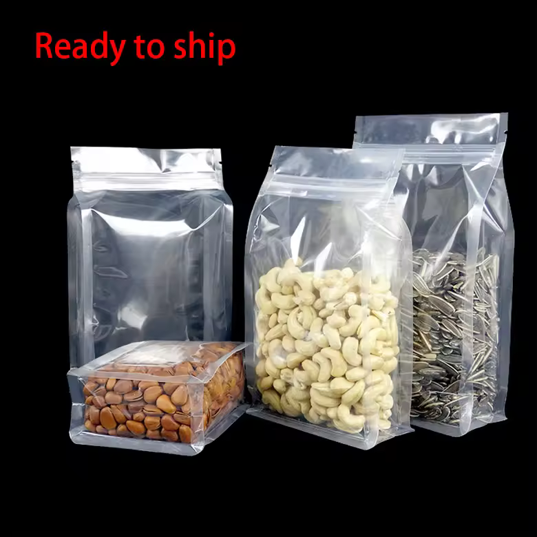 Ready To Ship Transparent Plastic Bag Clear Flat Bottom Stand Up Pouch With Resealable Zipper Bag For Snack Coffee Packaging