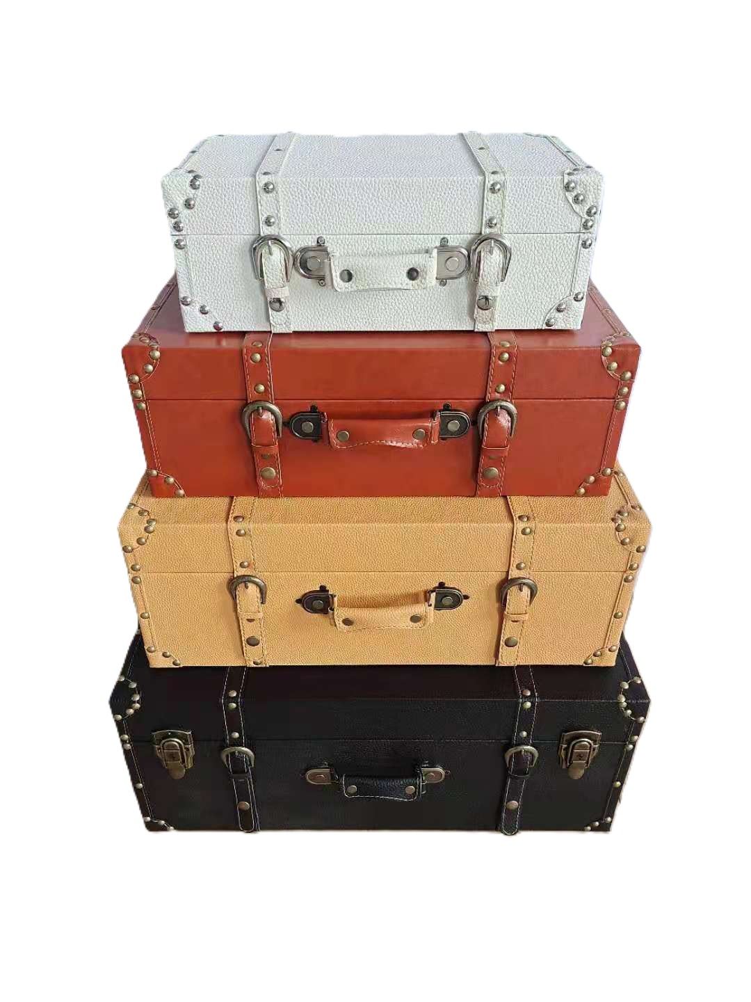 Antique Wooden Suitcase Retro Luggage Trunks Set/4, High-Grade Leather Decor Luxury Box Makeup Case, Elegant Dress-up Tool Box for Brides/Besties/Celebritie