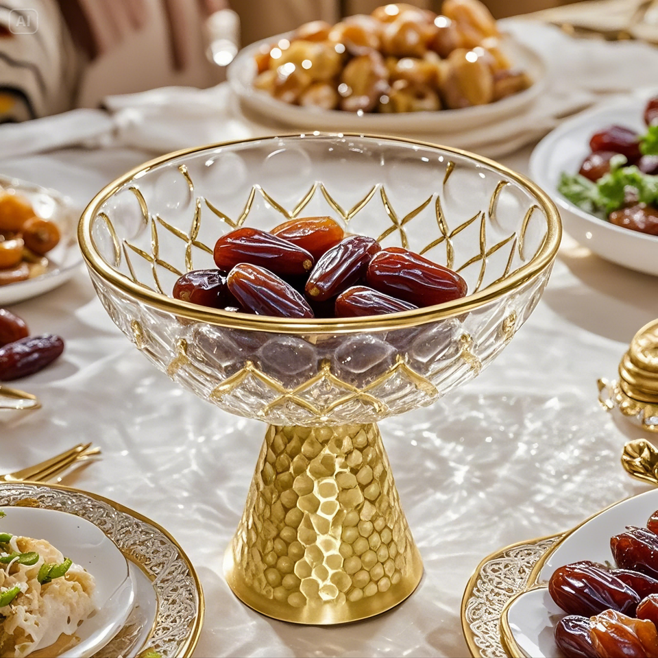Round Gold-plated Islamic Fruit Bowl, Ramadan Home and Hotel Party Decoration, Luxury Metal Glass Date Tray, Bulk Wholesale 22