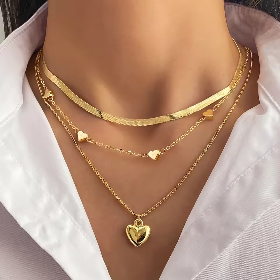 Kisswife 2025 New Fashion Heart Triple Layers Pendant Necklace For Women Girls Jewelry