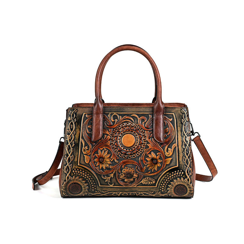 High Quality Retro Vintage Lady Crossbody Bag Embossed Vegan Leather Floral Embroidery Durable Low-Priced Bulk Women's Handbag