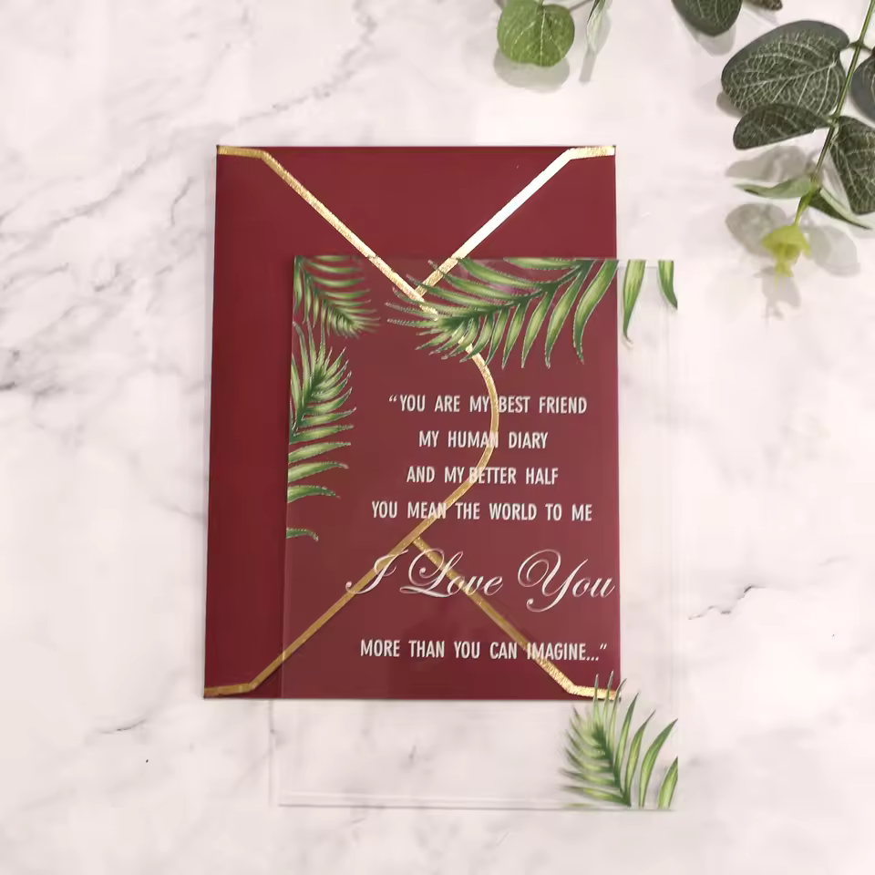 Unique Green Leaf Clear Acrylic Invitation With Gold Foil Edge Red Paper Envelope Wedding Stationery In Stock