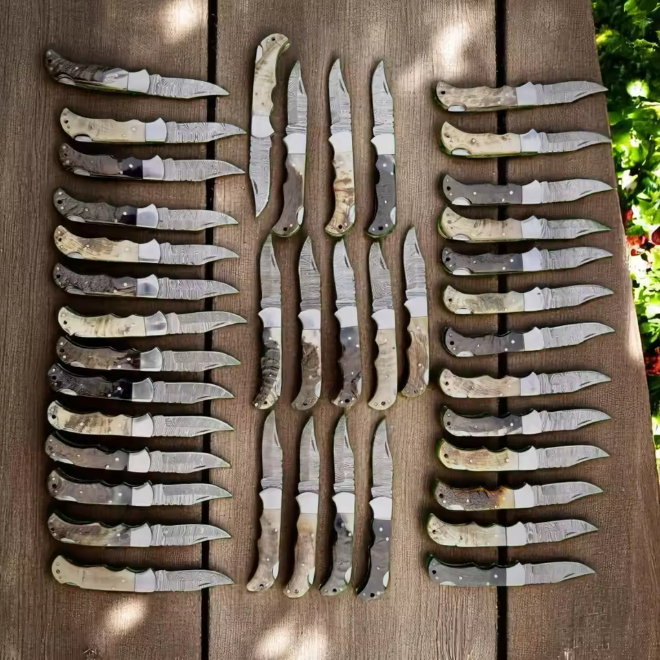 Lot Of Hand Forged Damascus Steel Pocket Folding Knife With Leather Sheath Gift Whole Sale Usa Trending Ram Horn High Outdoor