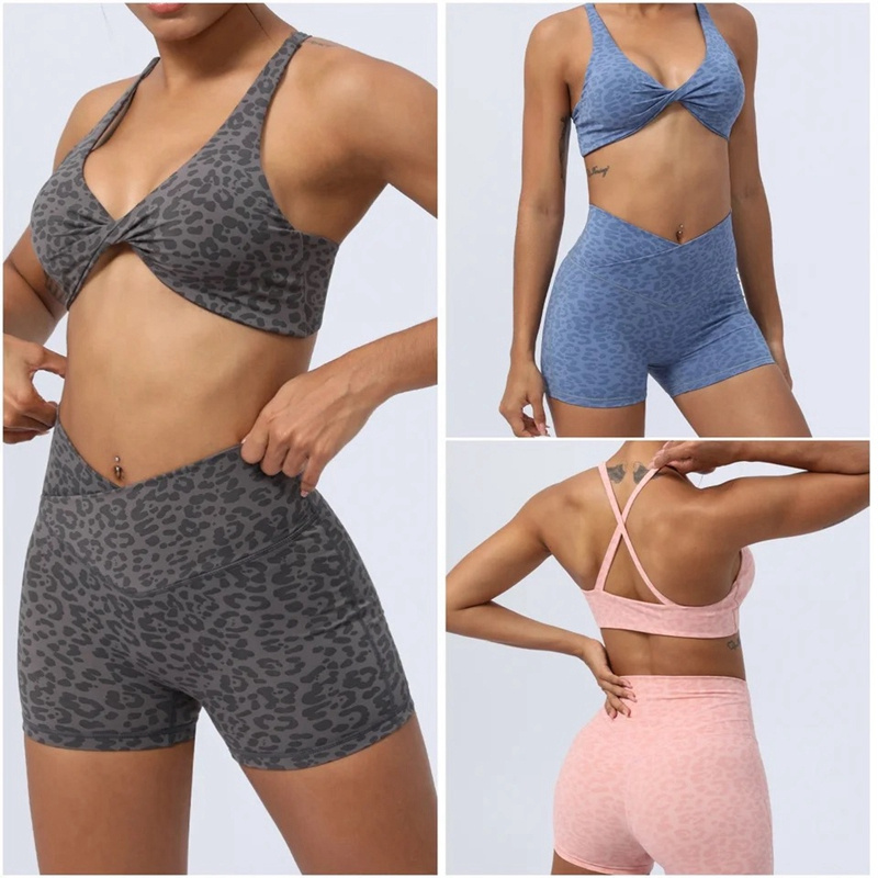 2PCS Plus Size Tie Dye Leopard Matching Gym Work out Suit V Neck Yoga Bra + Crossover Waist Biker Shorts Sexy Animal Print Activewear Set