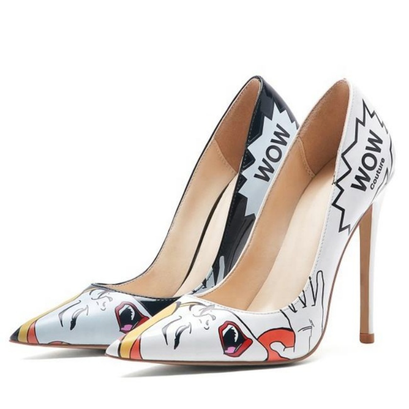 Women High Stiletto Heel Pointed Toe Slip-on Pumps Dress Shoes Graffiti Heels