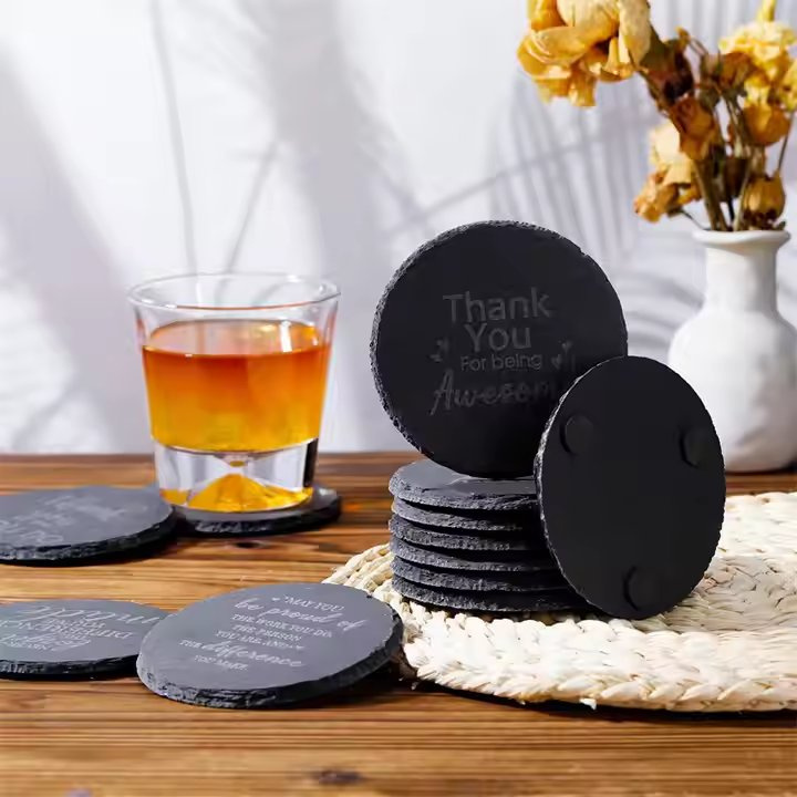 Wholesale Black Non-Slip Engraving Drink Slate Stone Bulk Coasters Set Round Blank Gift Box with Holder for Odessa Pineau Des Charentes