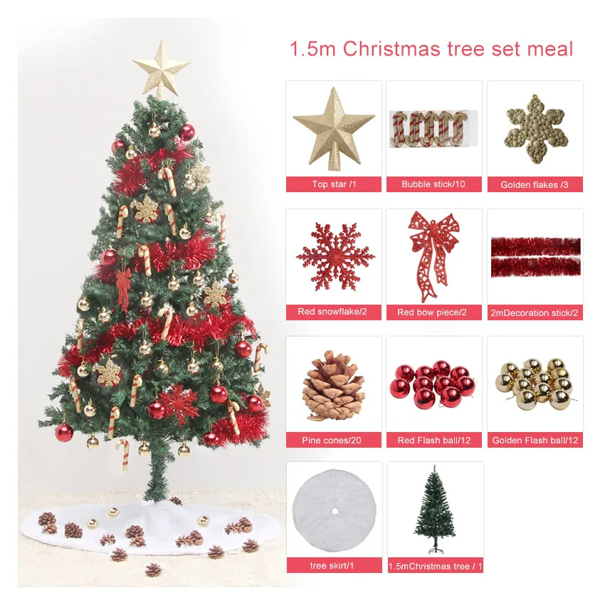 Ready to Ship 5feet New Design Pre-Decorated Artificial Christmas Tree with Red/Gold Ornaments for Festival Home Decor