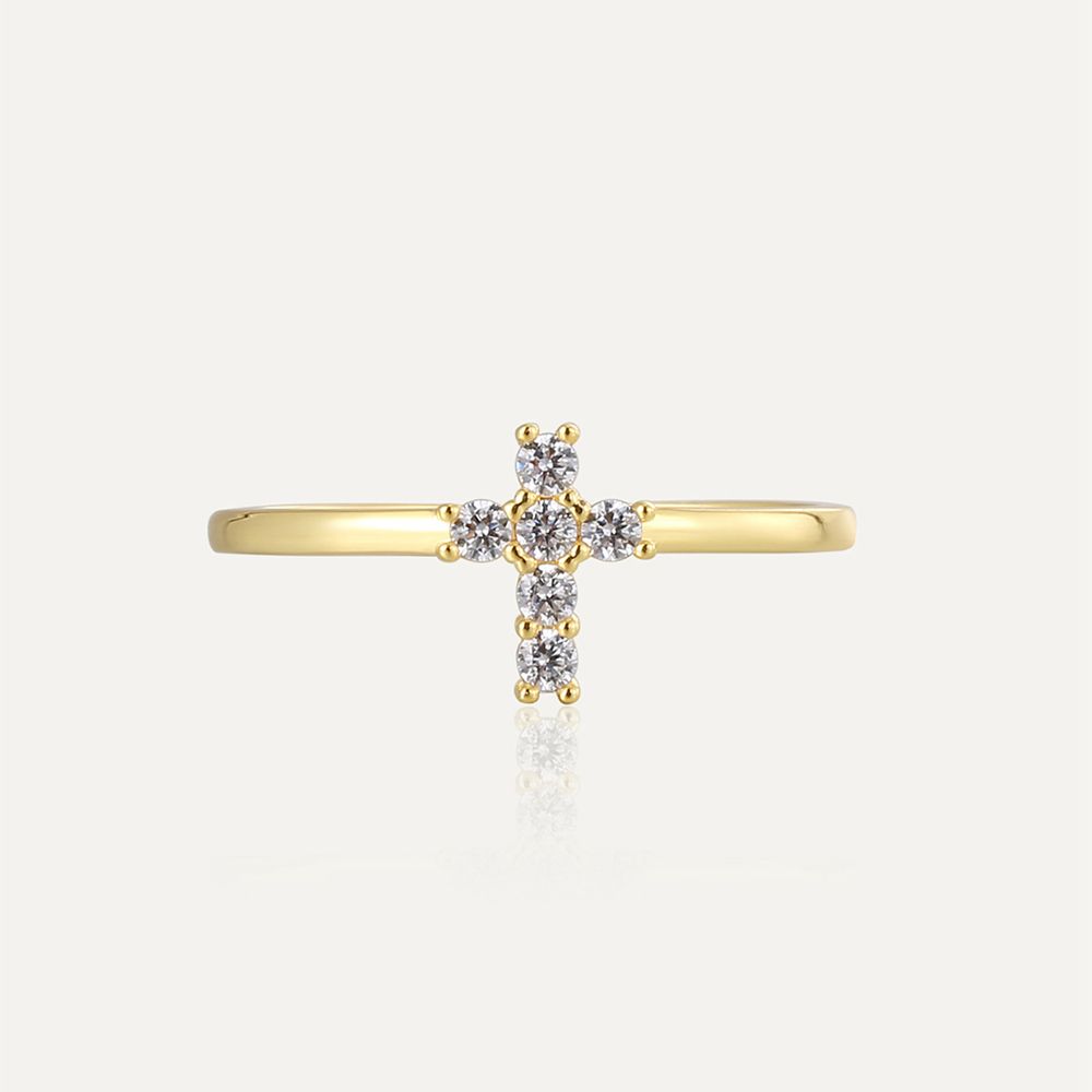 Elegant Brass Gold Plated Cross Ring with Sparkling Zirconia