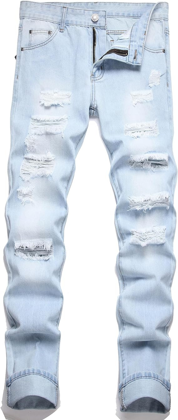 Men's Ripped Distressed Destroyed Pants Straight Fit Washed Denim Jeans Pants