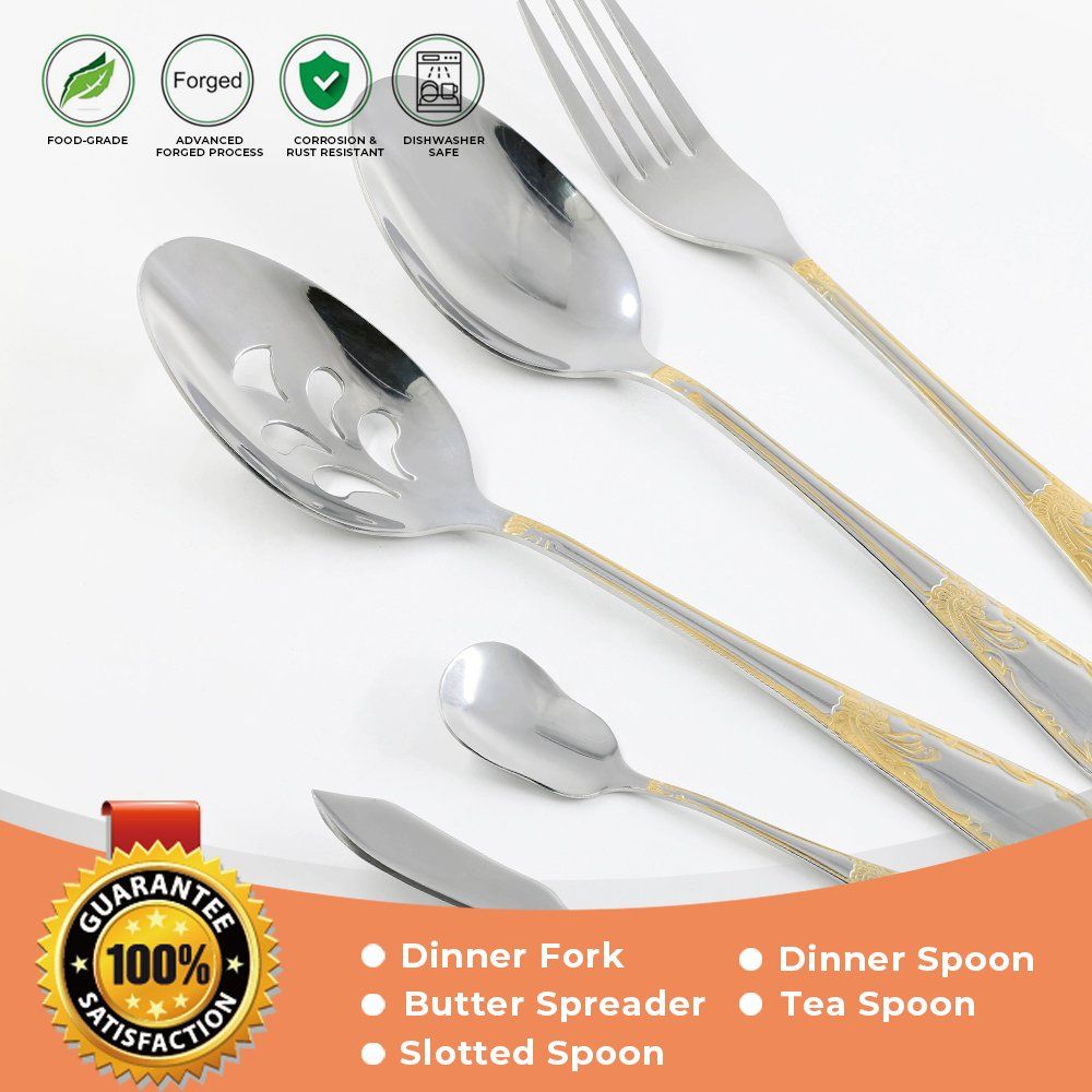 Mirror Polished 430 18-0 Stainless Steel Cutlery Set Silver Kitchen Utensils with Golden Handle Knife Fork Spoon Flatware Set