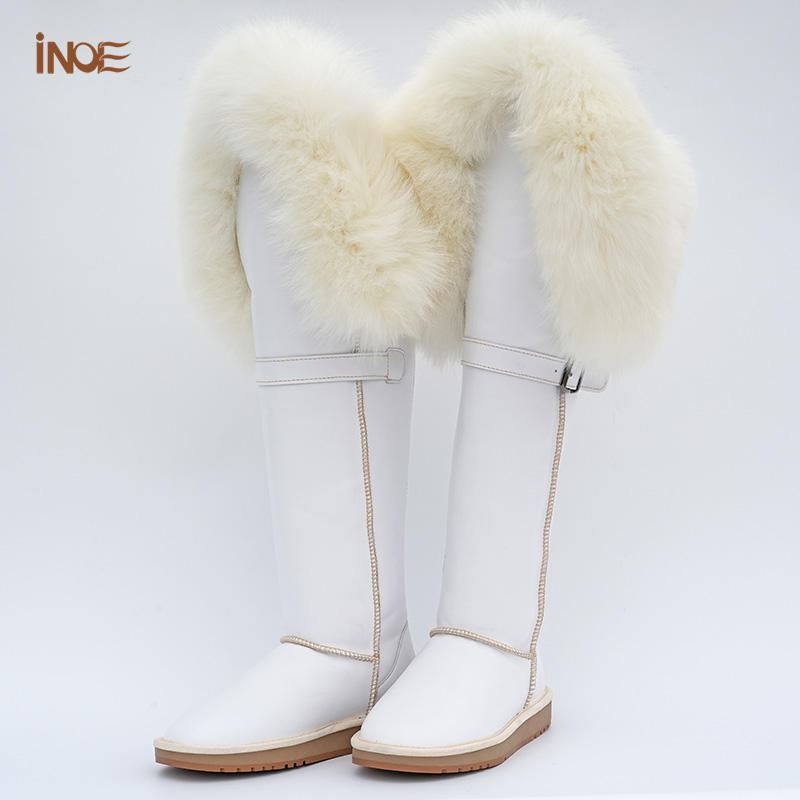 Women's Waterproof Over-the-Knee Winter Snow White Fox Tail Fur Shearling Wool Lining Cow Split Leather OEM Dropshipping