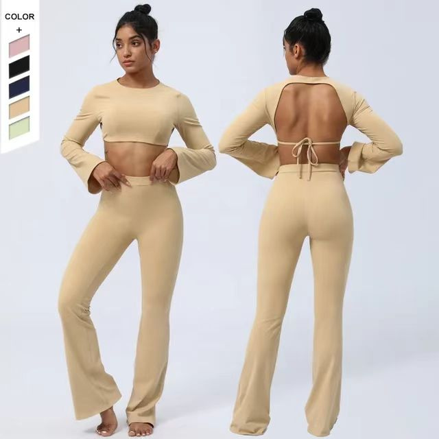 Ready Made Clothes Long Sleeves Sexy Backless Yoga Top and Fitness Sports Leggings 2PCS Gym Workout Wear Active Yoga Fitness Running Set