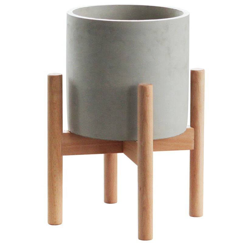 Modern Design Home Garden Decor Natural Color Cement Square Shape Decorative Flower Pot With Wooden Stand Supports 2pcs