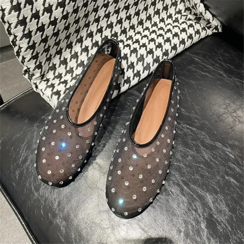 Simple Womens Ballet Shoes Casual Walking Shoes Womens Rhinestone Sliding Flat Shoes 2024 Fashionable Mesh Flat Dance Sandals