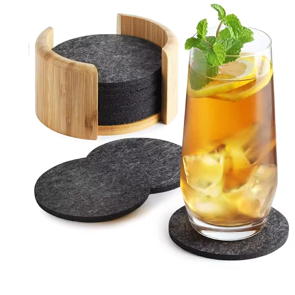 Absorbent Round Square Laser Cut Felt Drink Coasters Felt Cup Coasters Felt Coaster Set With Bamboo Holder
