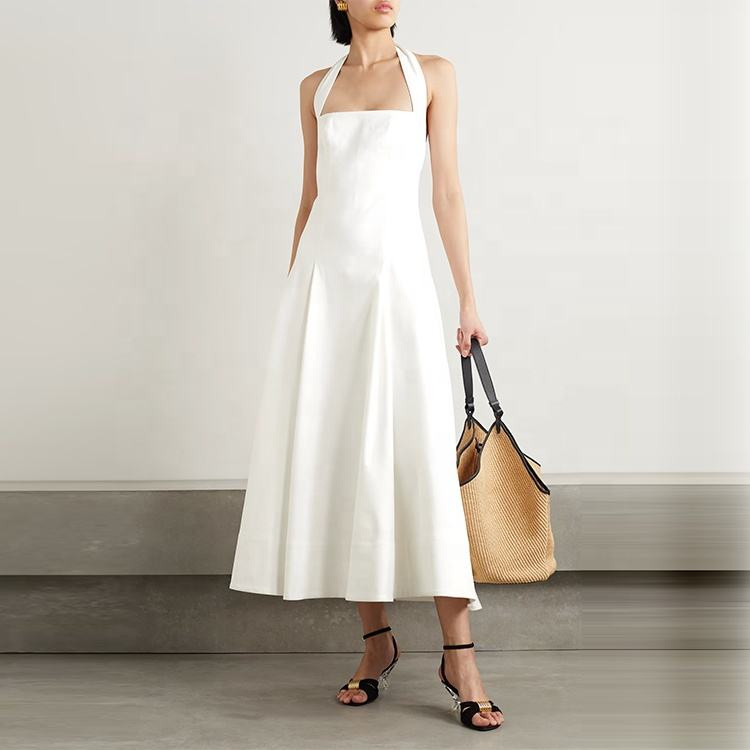 Ladies Dress Manufacturer Spring-Summer Women's White Twill Backless High-Neck Cotton MIDI Dress Relax Party Dress Long Dress White Lady Dress Neck-Hanging