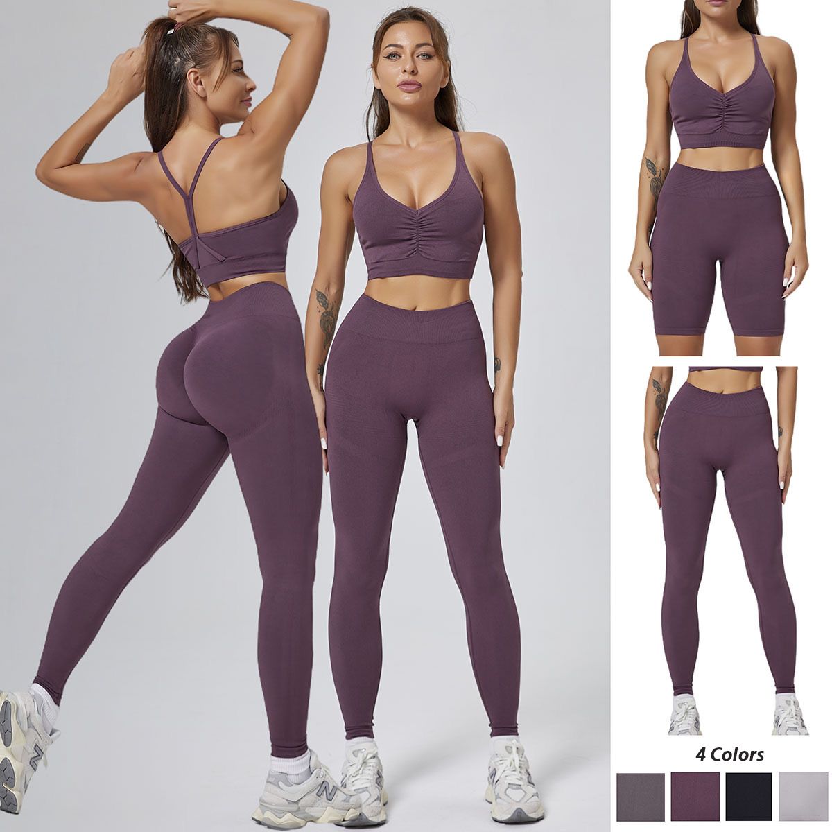 Hot Sexy 3PCS Seamless Gym Workout Exercise Clothes for Women, High-Waisted Gym Shorts + Yoga Leggings and Y Sports Bra OEM Activewear Set Factory