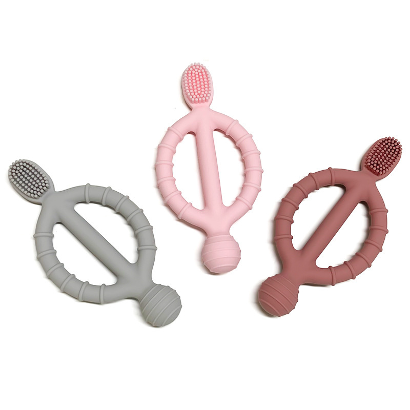 Food Grade Solid Color Silicone Gum Baby Toothbrush Grinding Stick Puzzle Grip Anti Bite Hand Teething Toy