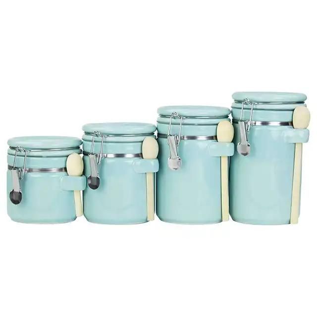 Kitchenware Airtight Vacuum Kitchen Wooden Spoon 4PC Ceramic Condiment Food Coffee Storage Jar Canister Set with Lid Spoon