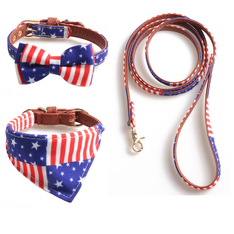 July 4th American Design Leather Collar Leash Set for Pet Dog