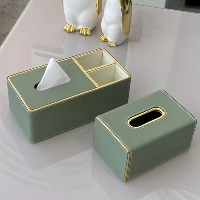 Leasylife High-grade Leather Tissue Box With Gold Rim,Suitable For Hotel Home Living Room Coffee Table Light Luxury Tissue Box