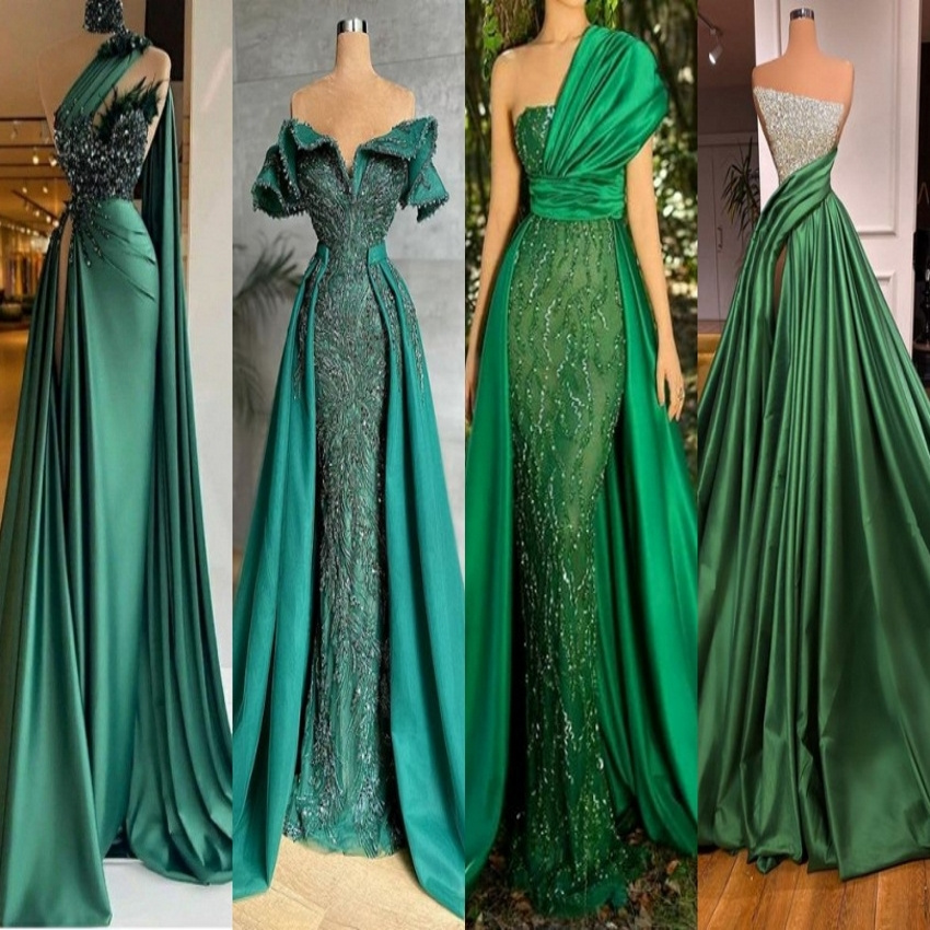 Green Satin Party Ball Gowns Beaded Green Prom Evening Dresses P2227