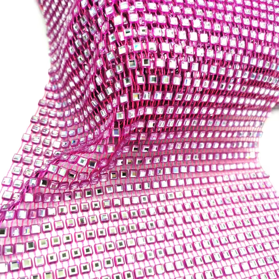 S232 Factory Latest Rose Color Plastic Setting Crystals Mesh Trimming Rhinestone Fabric Mesh For Women Fishnet Dress Sleeves
