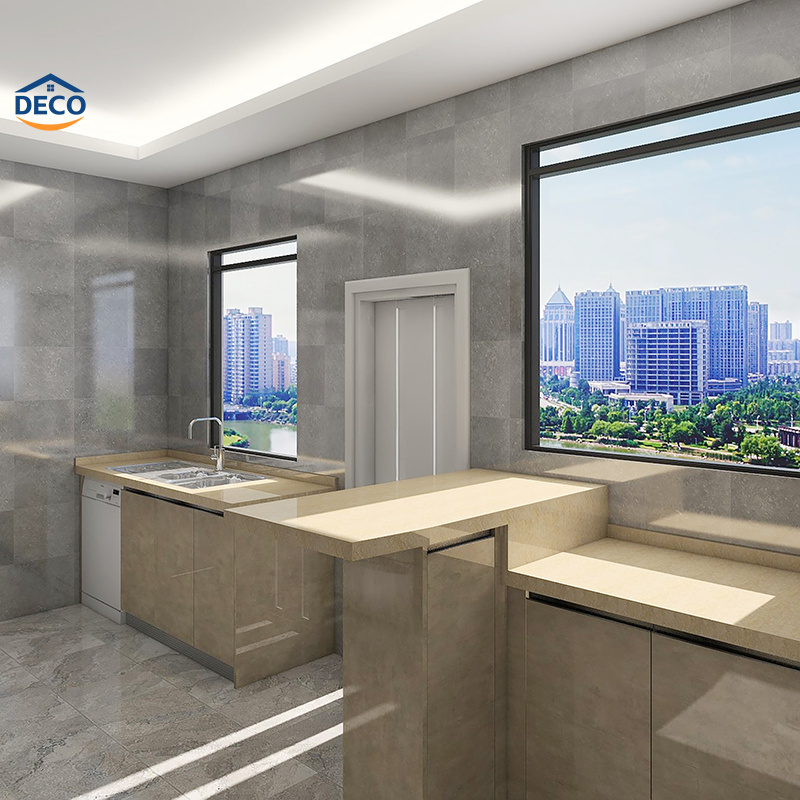 Modern Grey Kitchen Cabinet with Island Plywood Shaker Indoor Kitchen Cabinet with Quartz Countertop