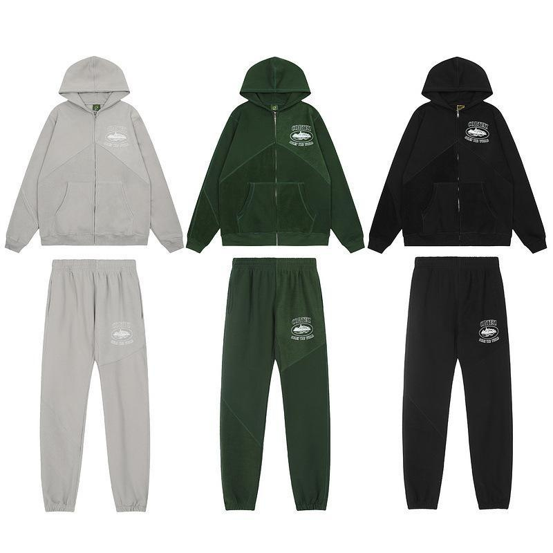 Corteiz Solid Full-Zip Hoodie and Jogger Set Featuring Front Graphic Design