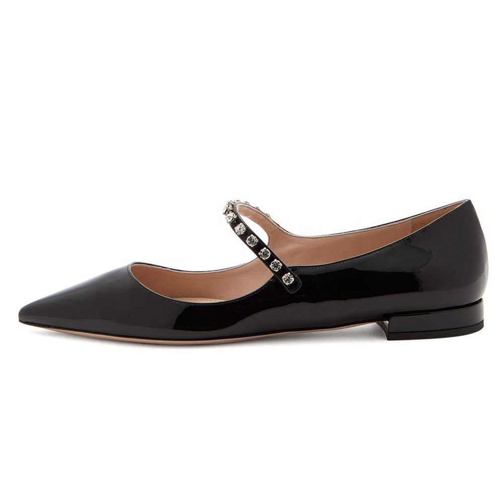 Plus Size Female Pointed Toe Crystal Cute Shiny Black Patent Leather Comfort Flats Ladies Flat Womenmary Jane Shoeswoman