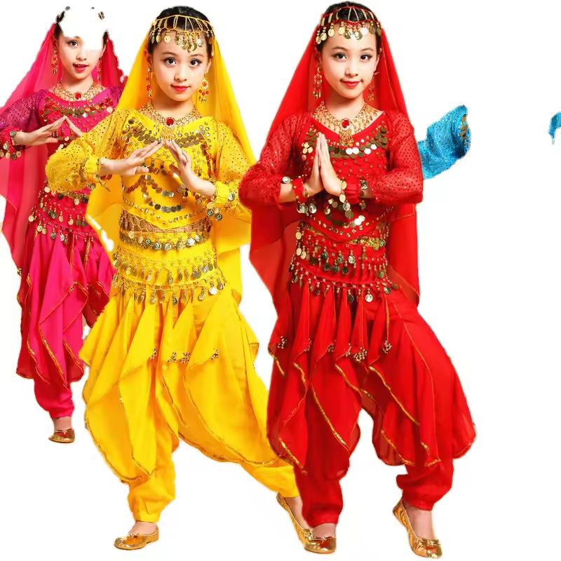 7pcs Belly Set Long Sleeve Kid Girls Belly Dancing Costume Kids Performance Indian Dance Children Girl Egypt Dance Costumes