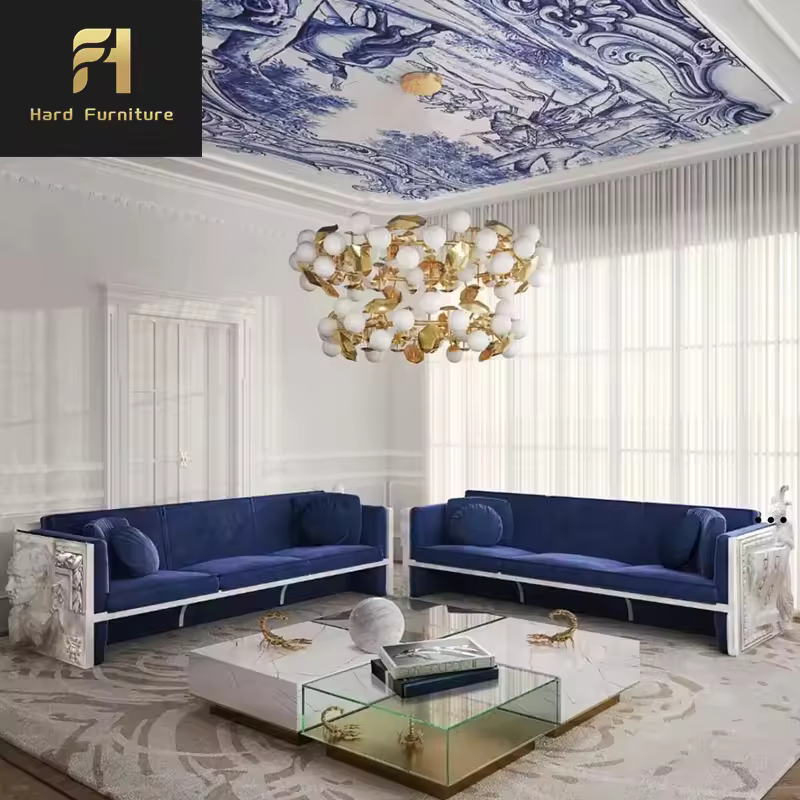 European Retro Designer Relief Best Blue Velvet Sofa Villa Living Room Luxury Leisure Home Furniture Sofas