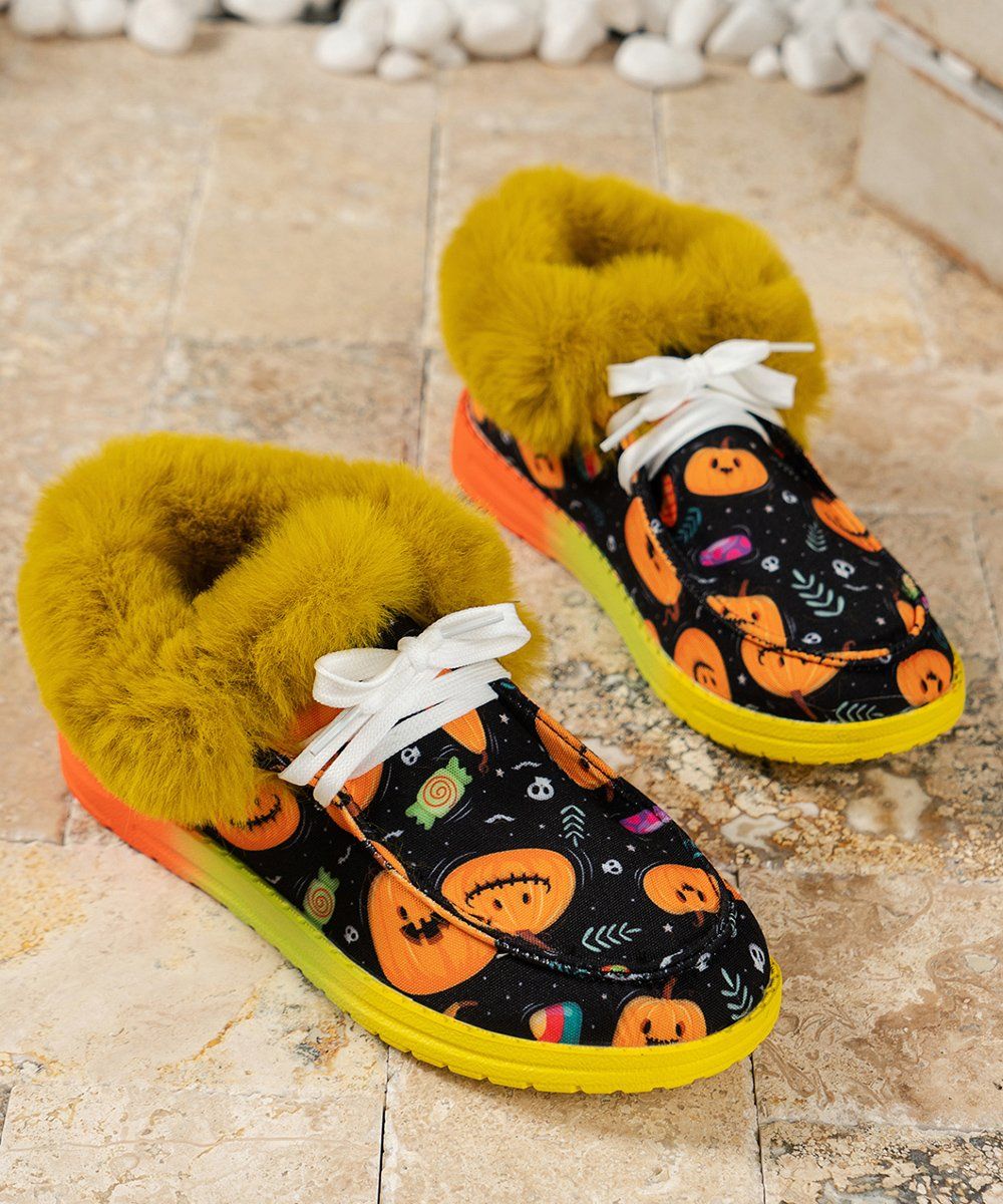 2024 Pumpkin Print Luxury Female Fluffy Casual Short Boots Flat Fashion Fur Cotton Shoes Women Winter Furry Snow Boots