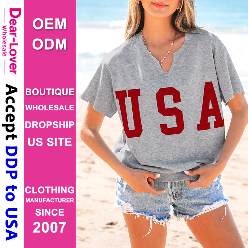 Dear-Lover Wholesale DDP Air Shipping Import Tariffs Included USA Lettering Patch Notched Neck Loose Oversized Graphic Tee