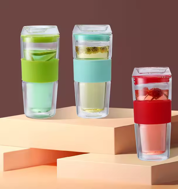 400ml Premium Insulated Double Wall Glass Tumbler Reusable Travel Mug Glass Tea Coffee Cup With Lid And Silicon Sleeve