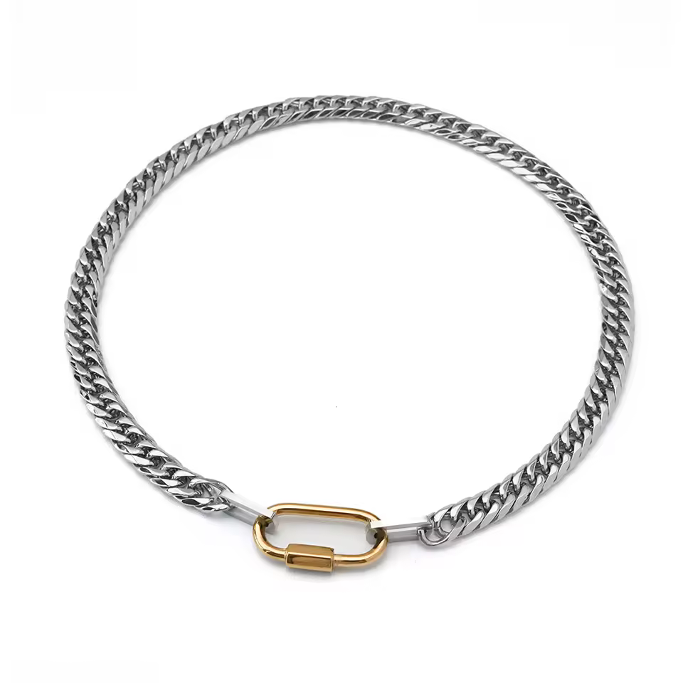 Designer Jewelry Tarnish Free 18k Gold Plated Stainless Steel Cuban Chain Two Tone Chunky Carabiner Necklace Bracelet Yf3611