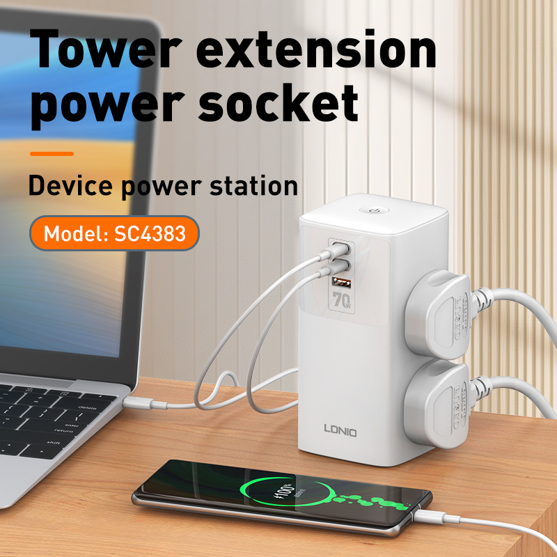 Ldnio Sc4383 Tower Extension Power Strip with 4 Sockets and 3 USB Ports