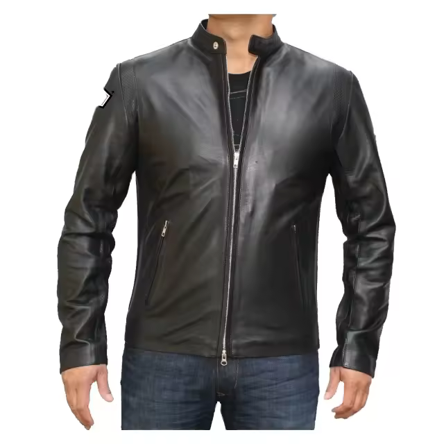 Cowhide And Sheepskin Leather High Street Motorcycle Jacket With Stand Collar And Front Logo-best Selling