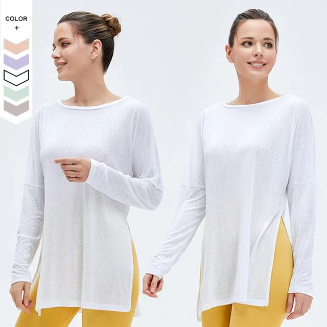 Summer Women Fitness Casual Long Sleeve Tops T-Shirts Tees with Side Split Athletic Oversized Yoga Blouses
