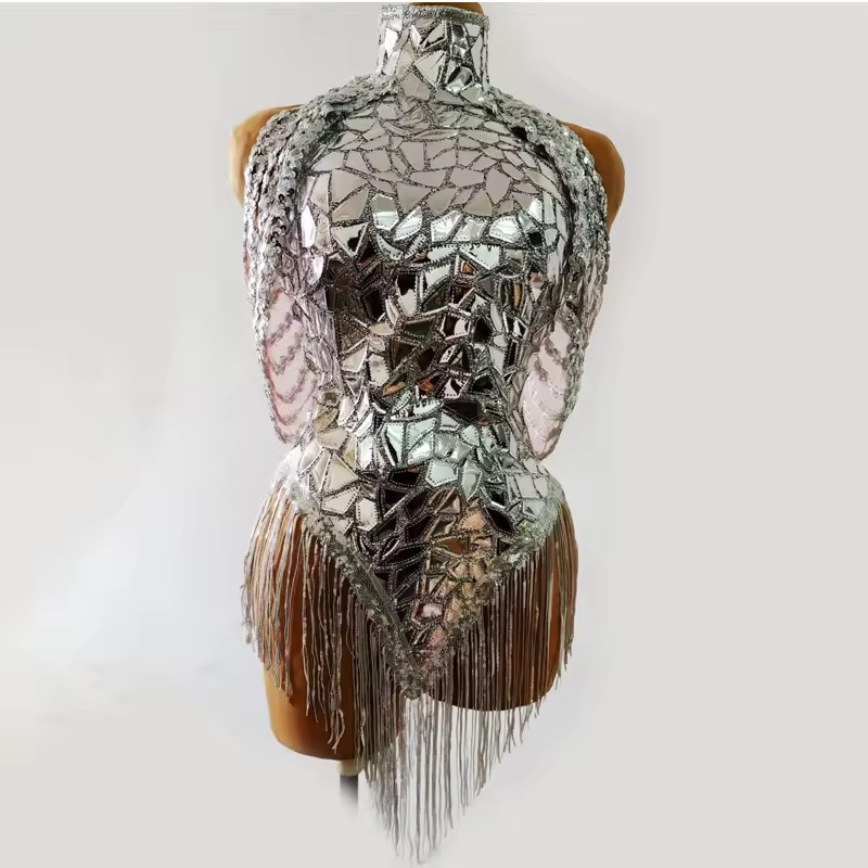 Silver Sequins Leotard With Rhinestones Sexy Dance Bodysuit For Birthday Singer Stage Performance Ballroom Wear Costume