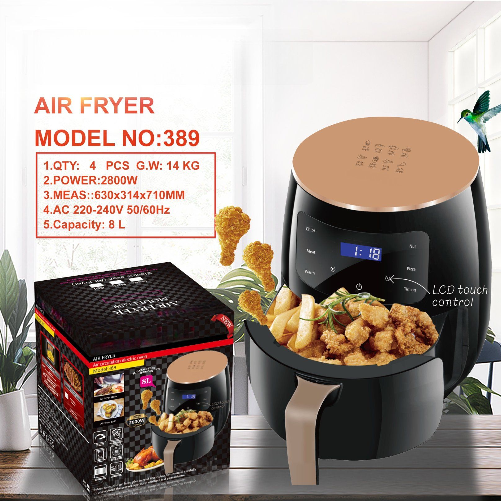 New 8L Electric Air Fryer Smart Home Digital Mini Touch Screen Control Modern Style Commercial Home Standalone
