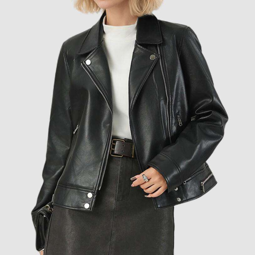 Women Faux Leather Zipper Coat Casual Slim Fit Turn Down Collar Jackets