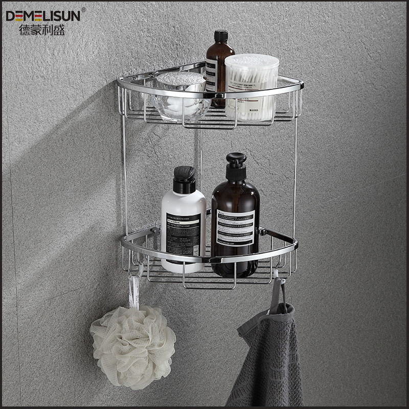 Toilet Hardware Accessories Stainless Steel Shower Bathroom Corner Shelf with Two Hooks